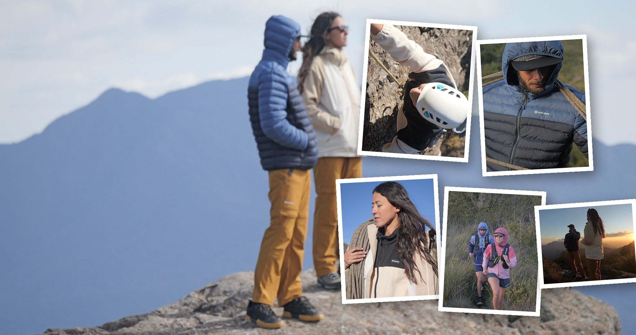 Mosaico Expedition — casal no cume com cards de escalada, puffer, trail run e golden hour