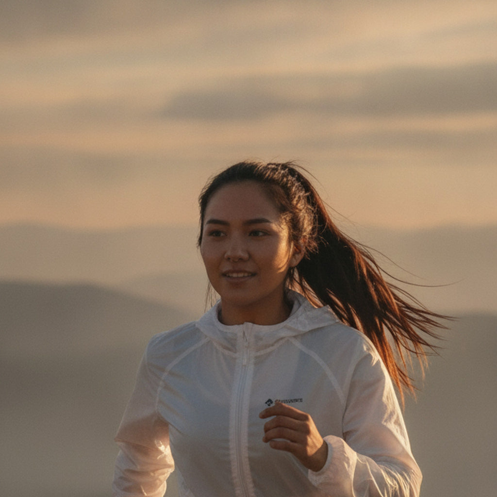 Jaqueta Corta Vento Ultra Light Branca — trail run feminino ao amanhecer na Mantiqueira