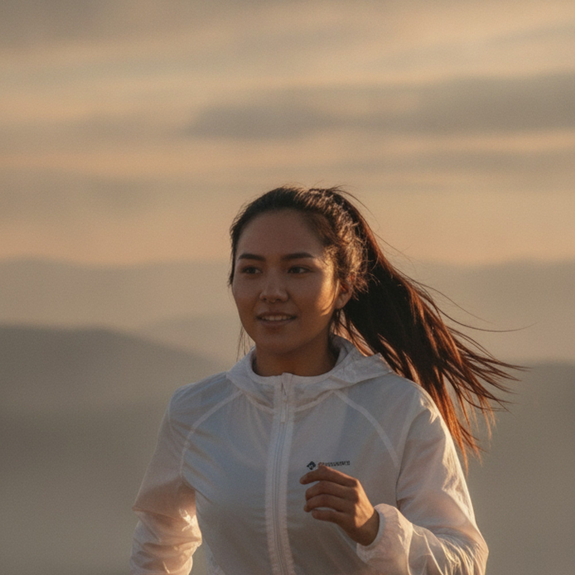 Jaqueta Corta Vento Ultra Light Branca — trail run feminino ao amanhecer na Mantiqueira